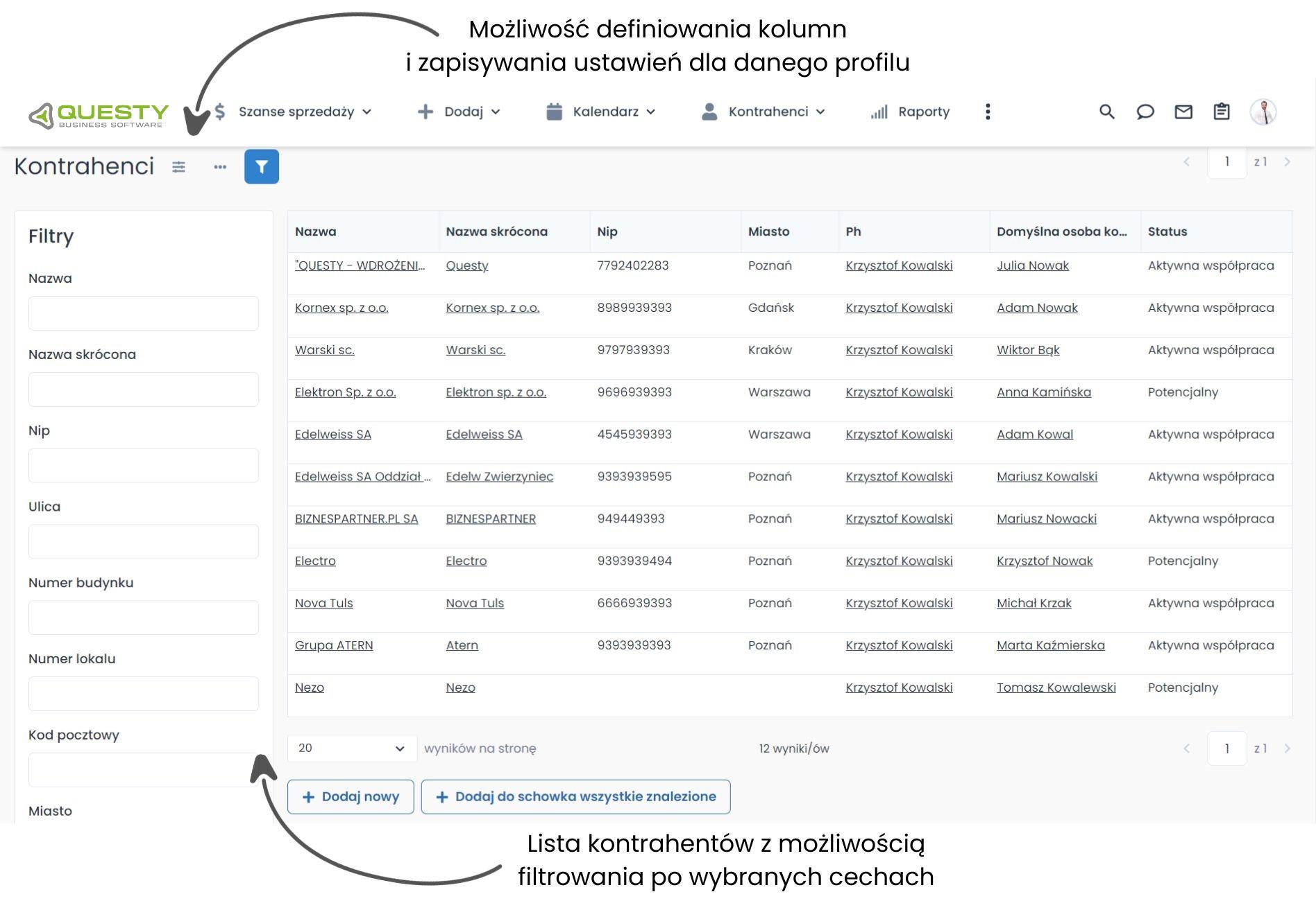 Lista kontrahentów w systemie dla firmy informatycznej