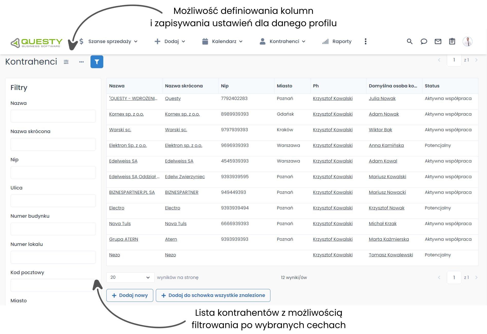 Lista kontrahentów w systemie dla firmy informatycznej