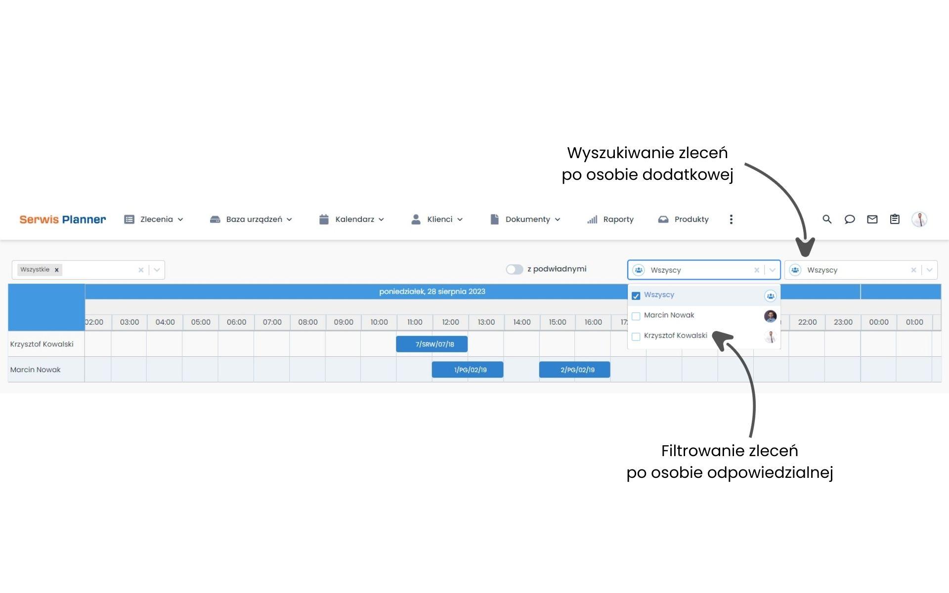 Wyświetlanie zleceń wg pracowników