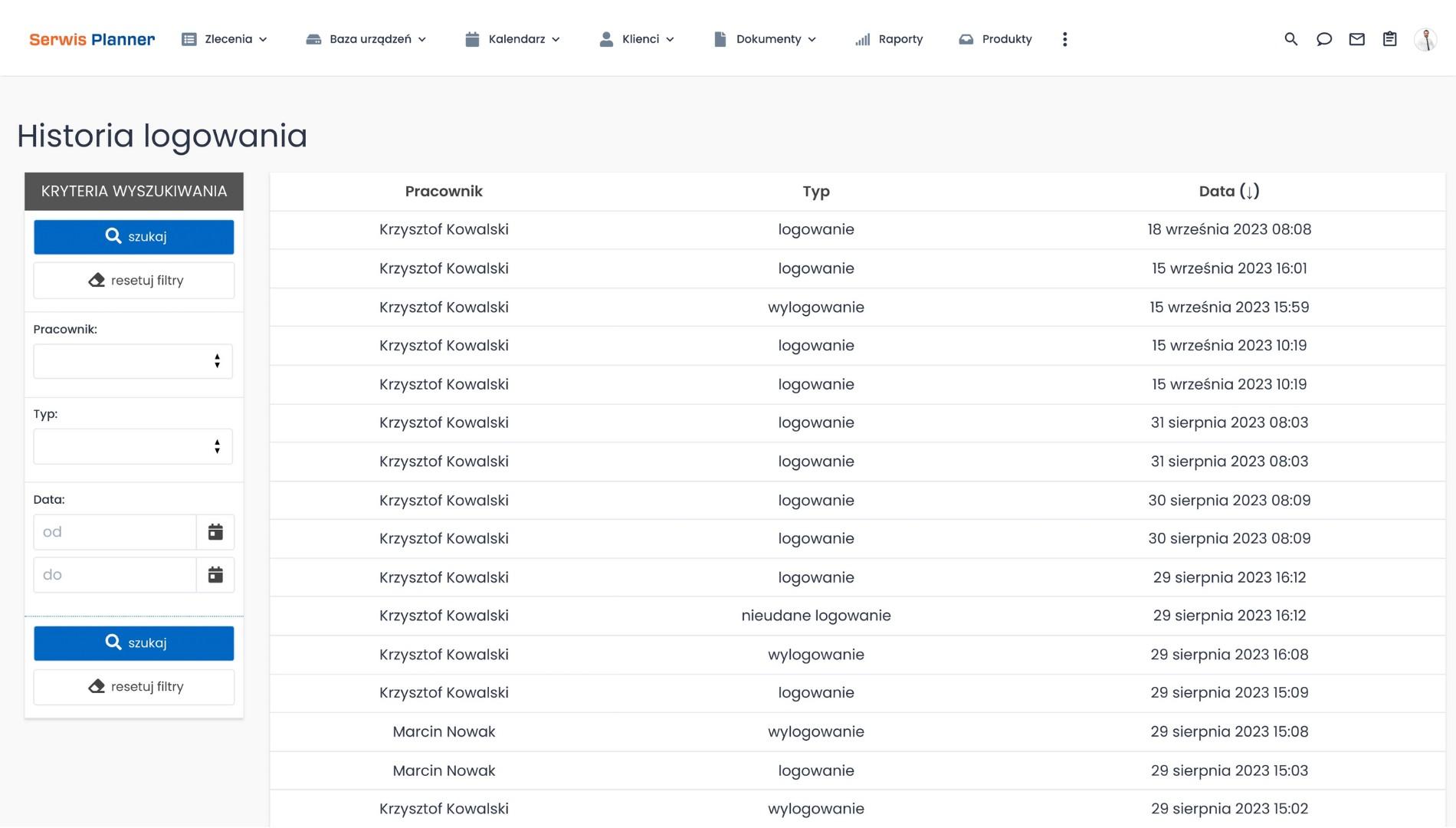 Historia logowań do systemu serwisowego
