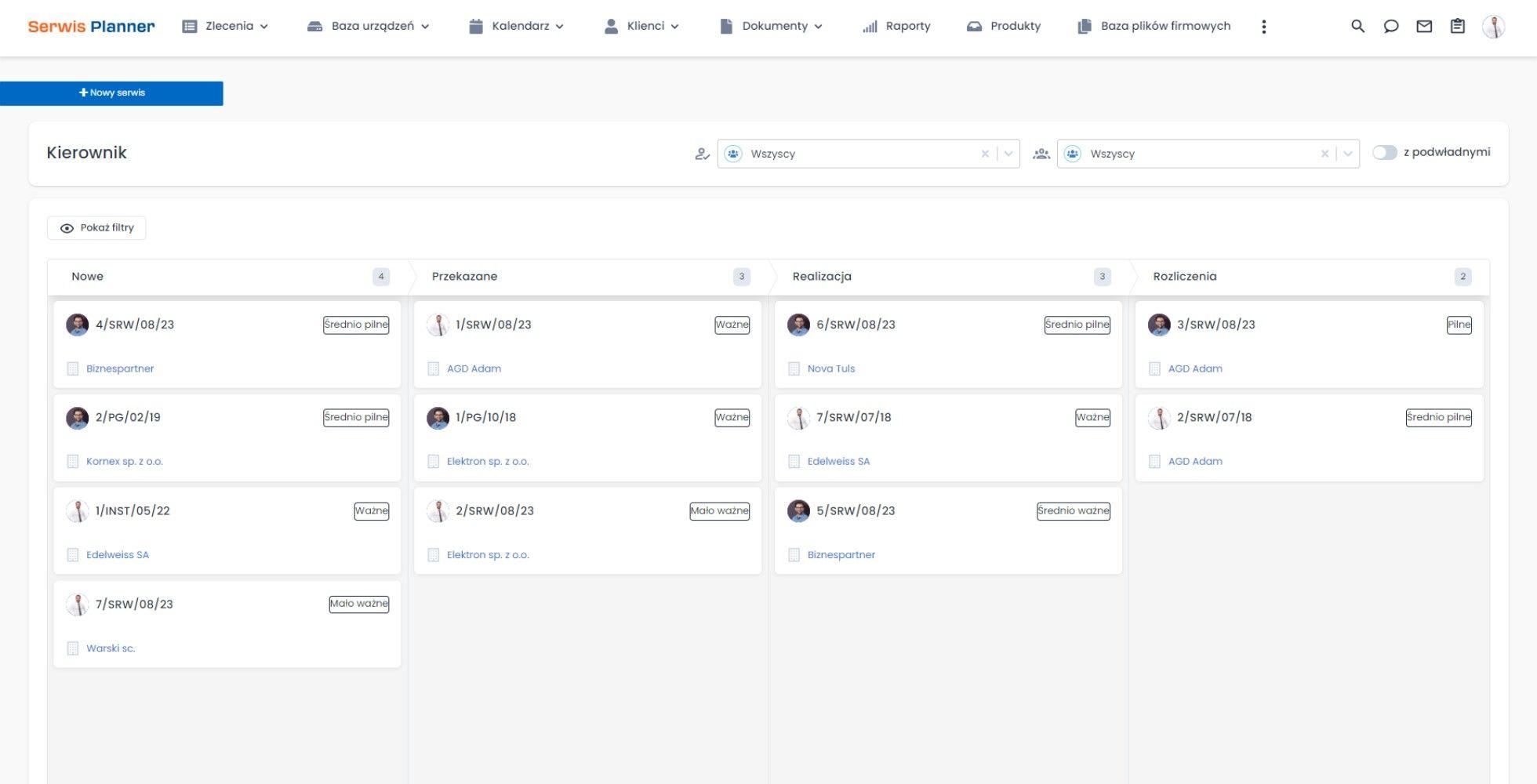 Kanban zleceń w Serwis Planner.