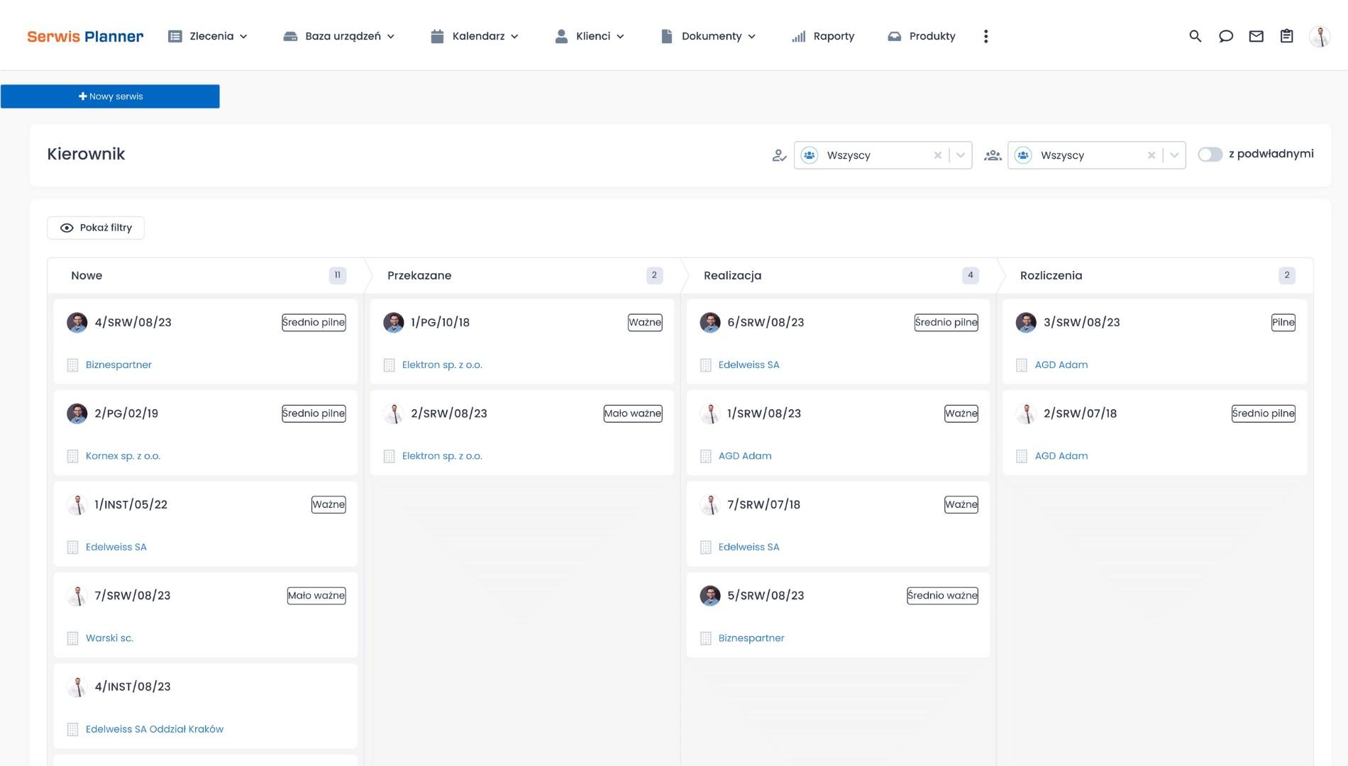 Program Serwis Planner widok kanban