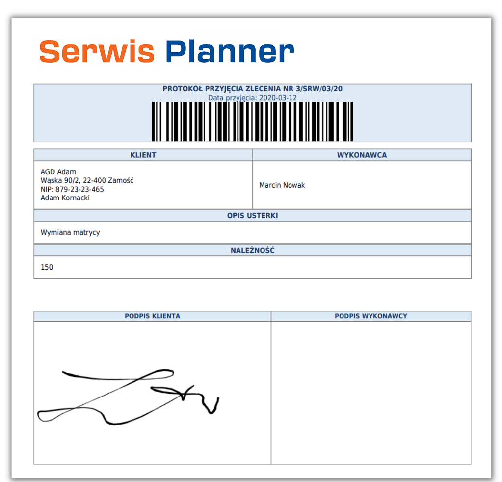 Protokół przyjęcia - Serwis Planner