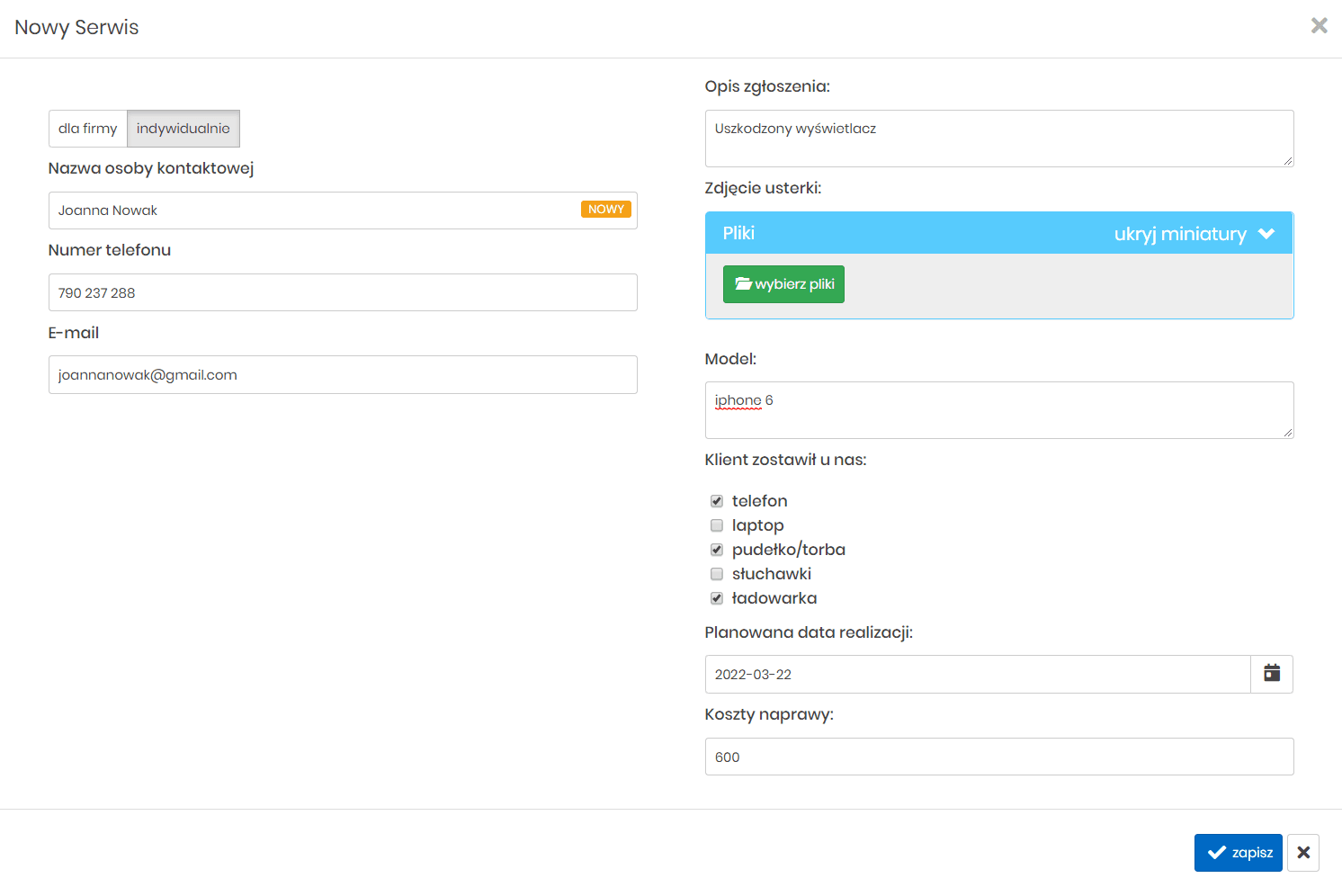 Rejestrowanie nowego zlecenia w programie do serwisu