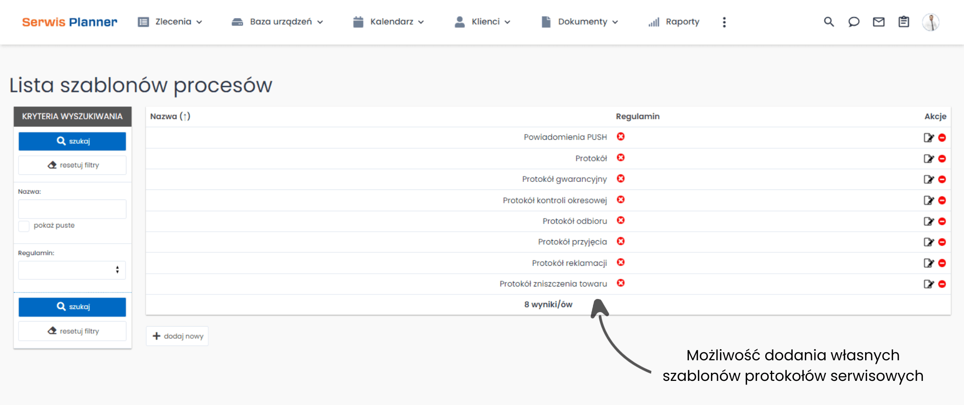 Lista szablonów procesów - Serwis Planner