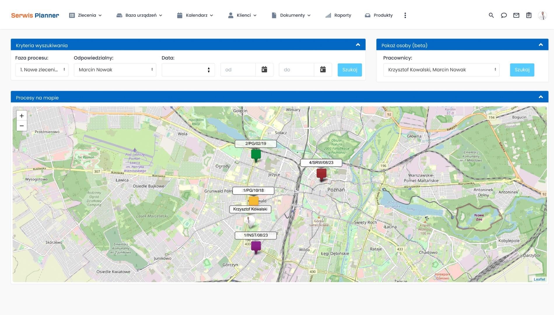 Mapa z lokalizacją zleceń i serwisantów w serwisie