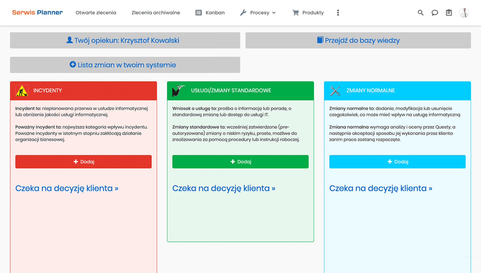 Panel klienta w programie serwisowym