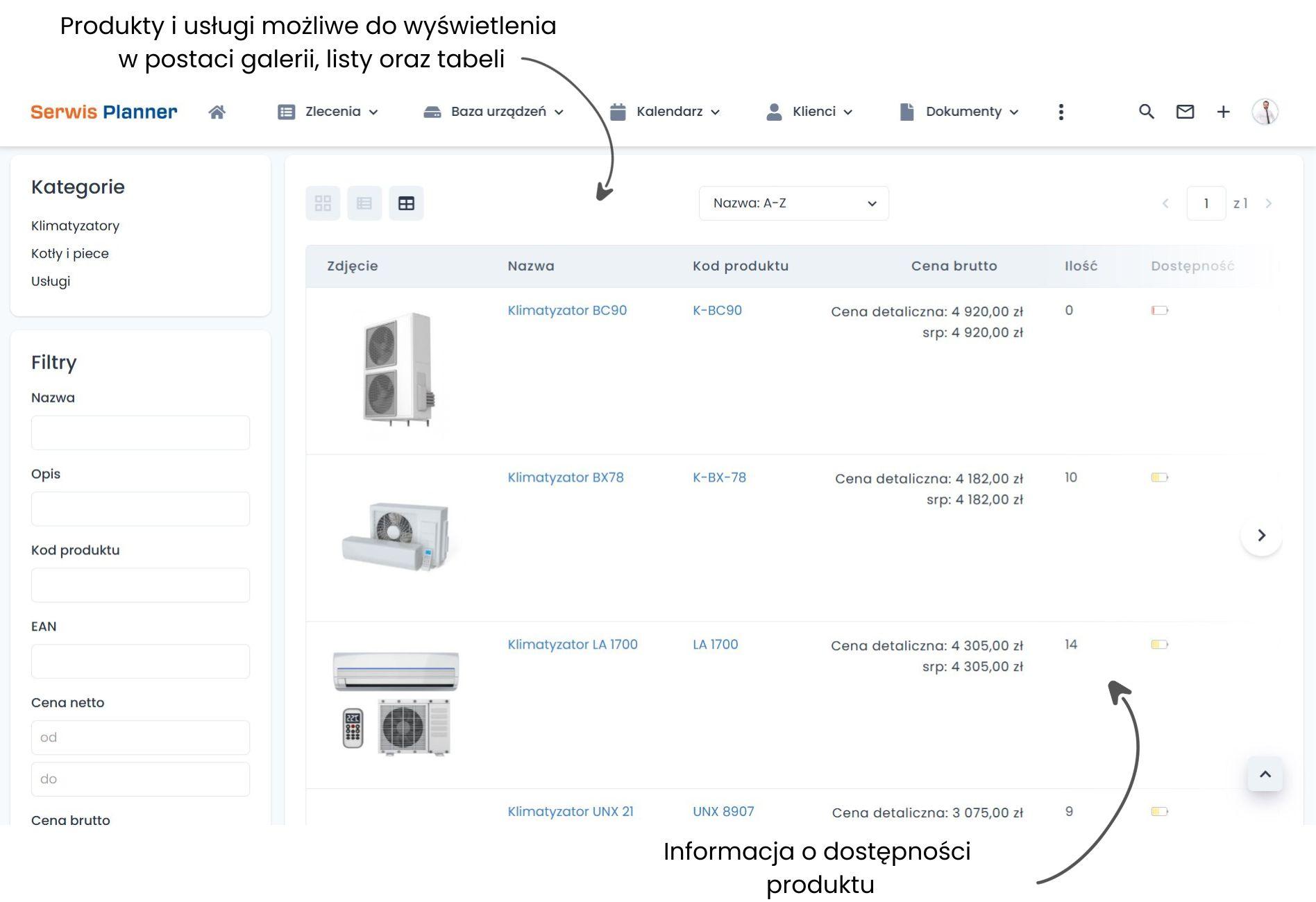 Produkty i usługi - lista produktów