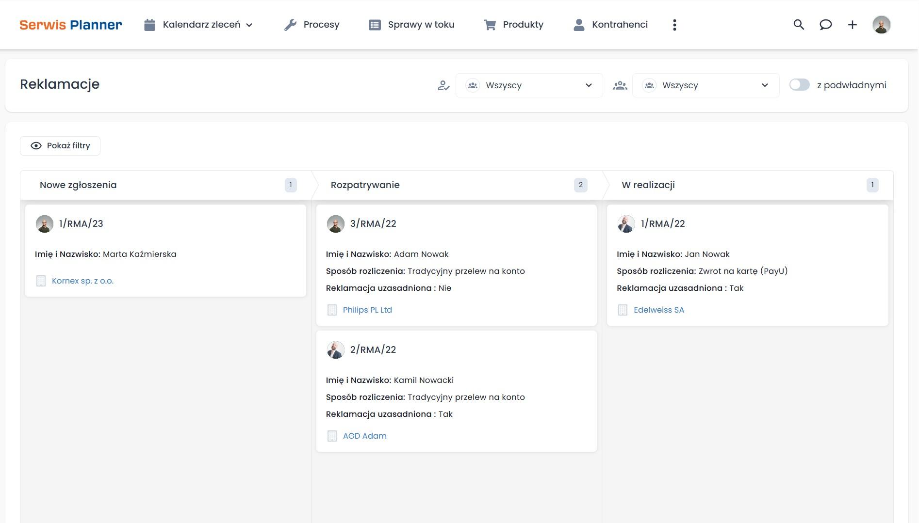 Kanban w programie do obsługi reklamacji