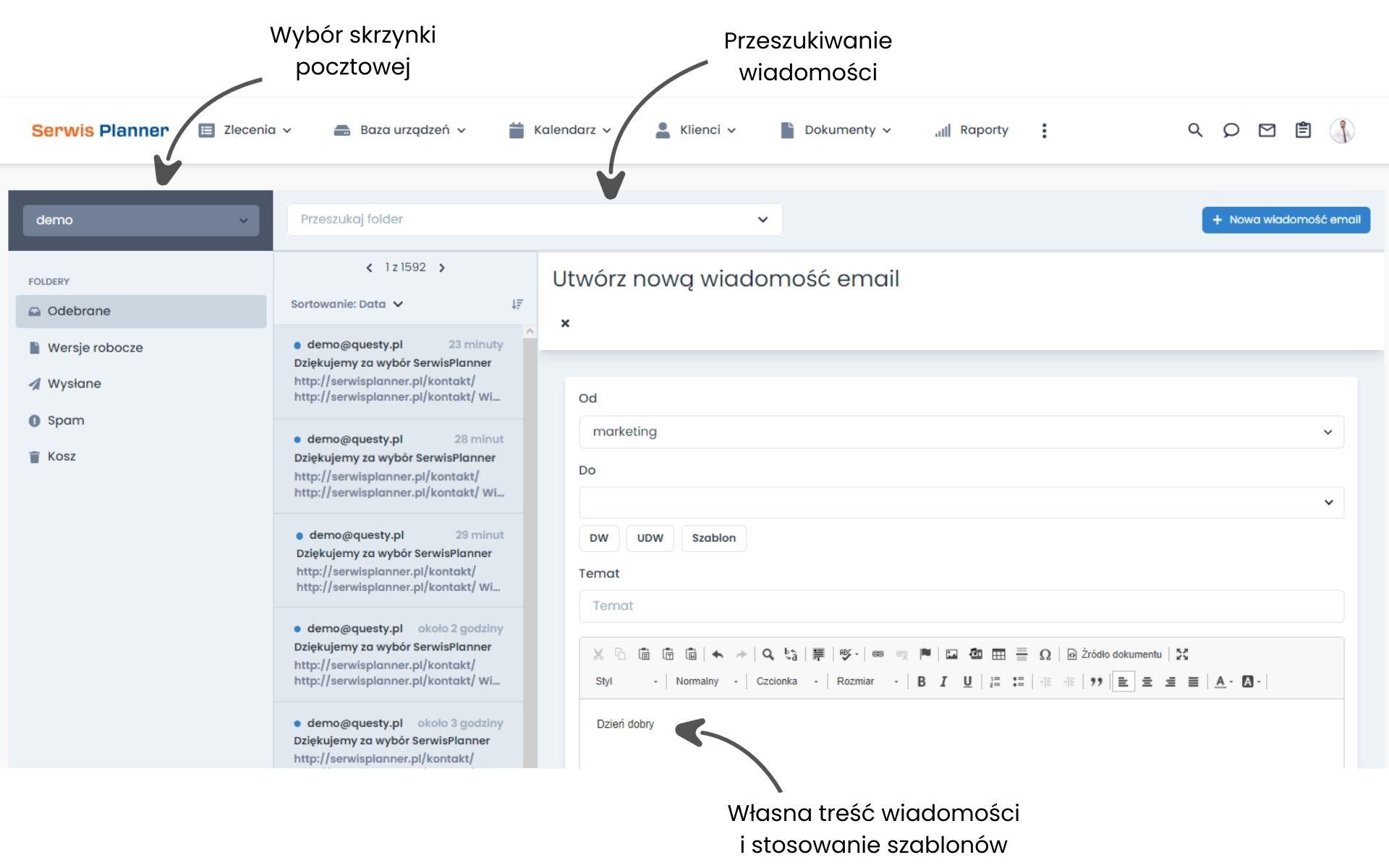 Tworzenie maila w programie do serwisu dzięki integracji z pocztą e-mail