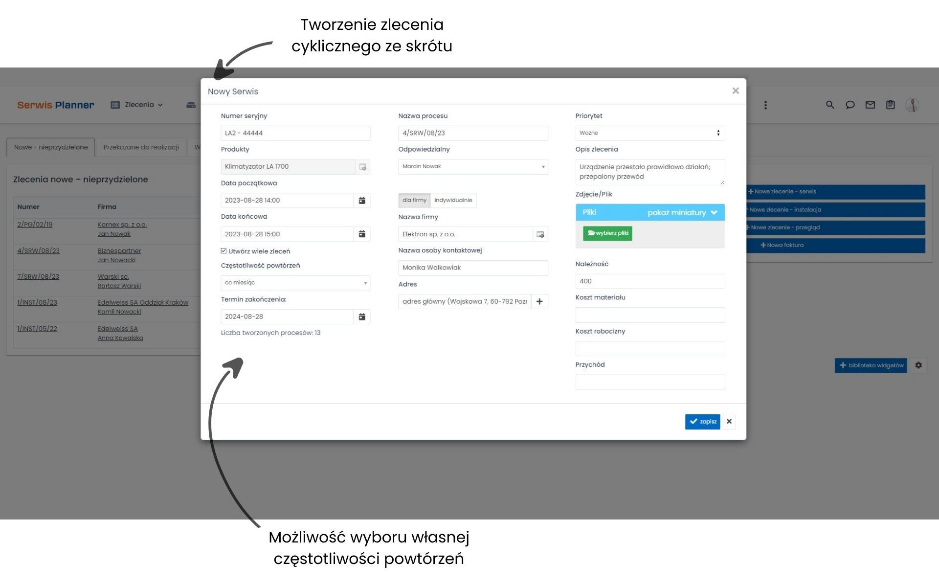 Program do obsługi zleceń - zlecenia cykliczne