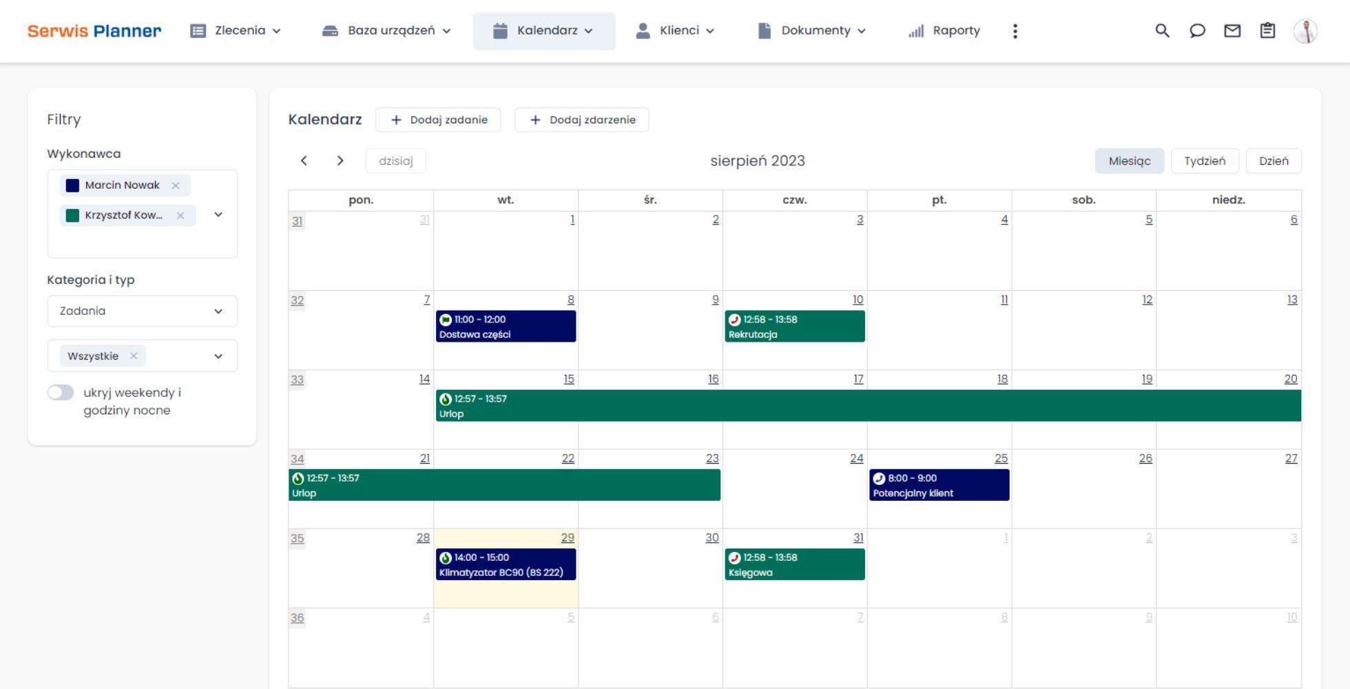 Kalendarz zadań w programie do serwisu